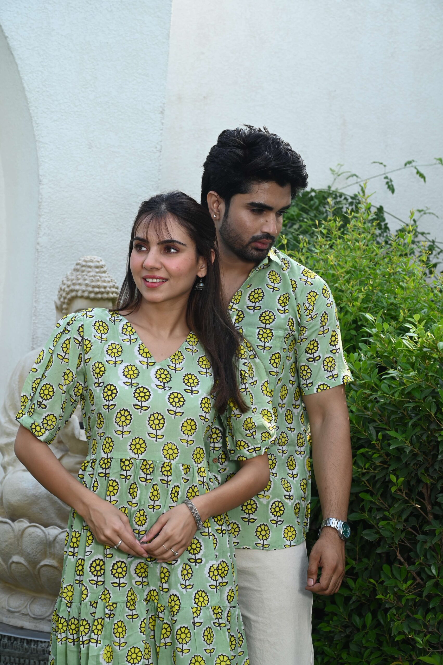 Couple Matching Light Green Printed Cotton Anarkali Midi Dress & Shirt Set ? Summer Casual Wear - Image 2